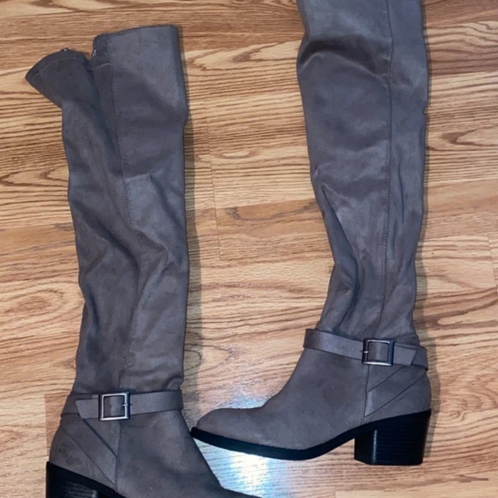 BAMBOO Gray Heeled Boots with Buckle